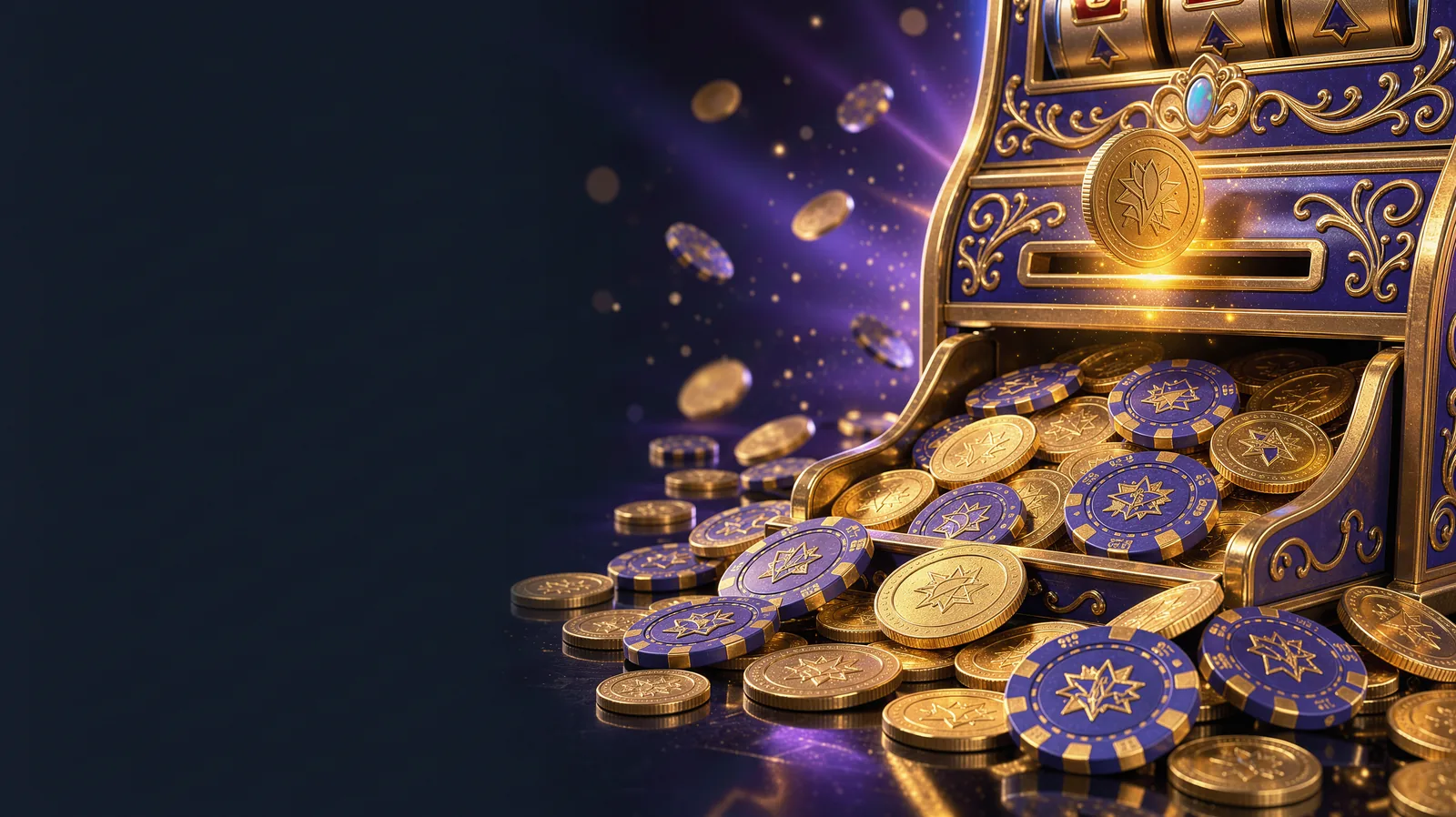 A single polished gold coin drops into the glowing coin slot of an ornate gold-and-indigo slot machine; the machine erupts with a burst of golden ligh