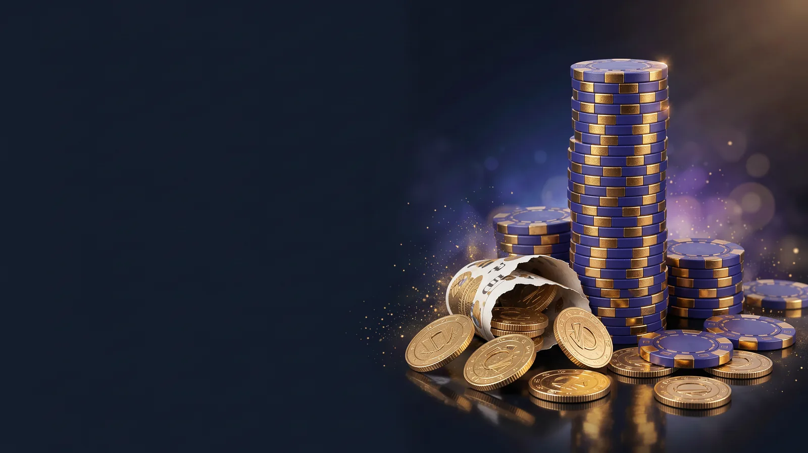 A tall elegant tower of indigo and gold casino chips with a roll of gold coins bursting open beside it, coins rolling and bouncing across a glossy bla