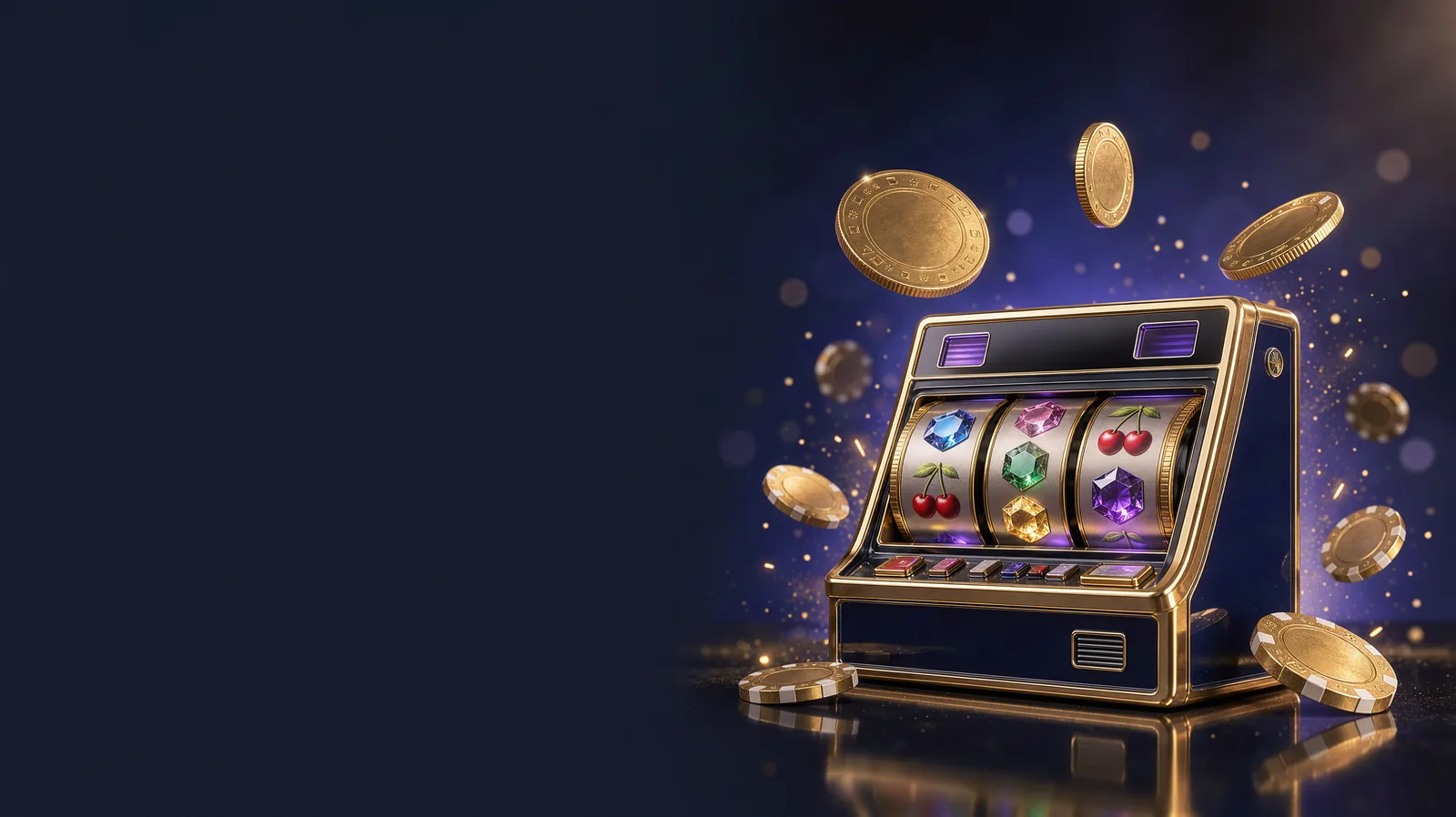Three gold coins spin in mid-air above a sleek miniature slot machine whose three reels glow with cherries and gems, golden sparks and chips flying ar