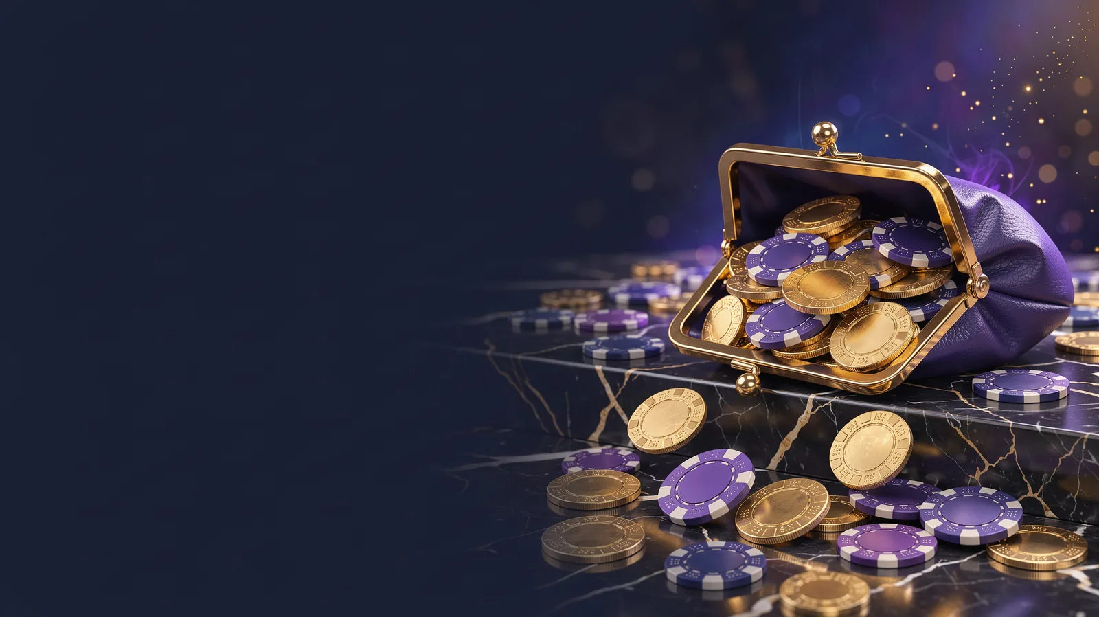 An open indigo leather coin purse with a gold clasp overflowing with gold coins and casino chips that tumble down a dark marble step in slow motion