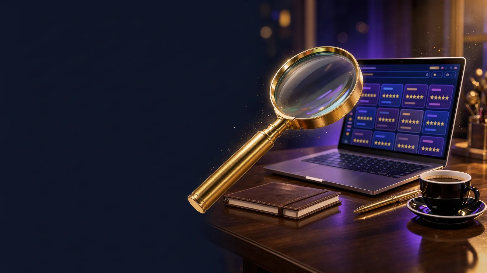A brushed-gold magnifying glass hovering over a sleek open laptop that shows abstract glowing review cards and star rating shapes, a leather notebook,