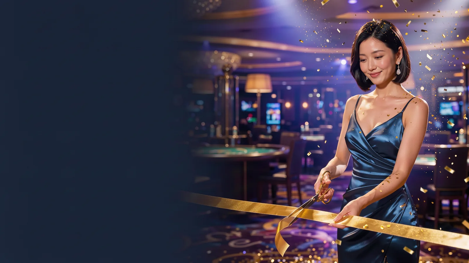 On the right side: a stunning glamorous woman in her late twenties, sleek black bob haircut, wearing a glossy emerald-indigo satin dress with a deep n