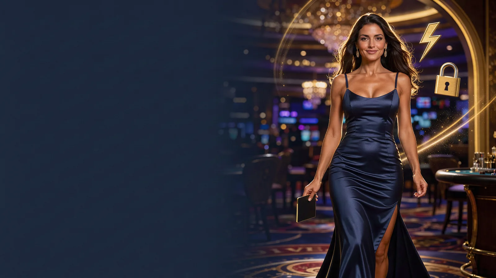 Smiling woman in a midnight-indigo satin gown walking out of a glowing golden casino archway, a gold lightning bolt and an unlocked gold padlock floating beside her