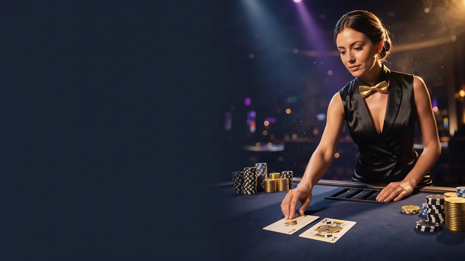 On the right side: a stunning glamorous woman in her late twenties, a blackjack croupier with dark hair in an elegant updo, wearing a fitted black sat