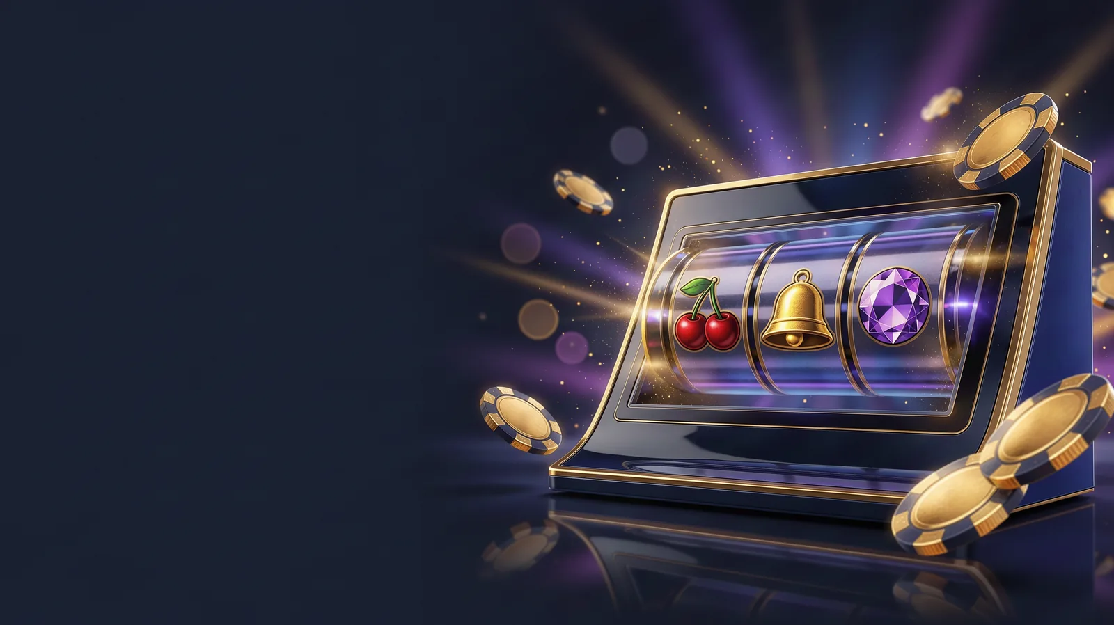 A modern premium slot machine cabinet with three glowing reels showing cherries, bells and gems, light beams shooting out of the screen, coins and chi