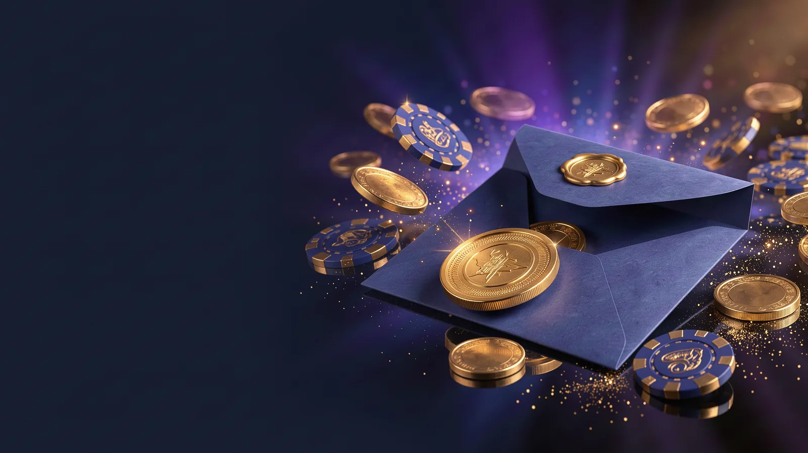 A glowing gold token slides out of an elegant indigo envelope sealed with gold wax, surrounded by a swirl of sparkles, chips and floating coins