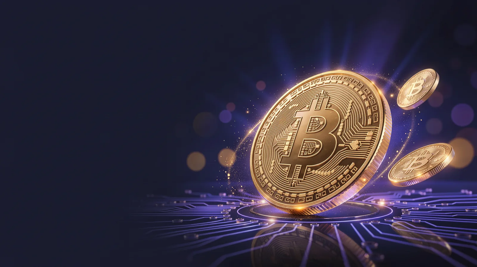 A thick golden bitcoin-style coin with a glowing indigo edge hovering above glowing circuit board traces, smaller coins and digital light particles or