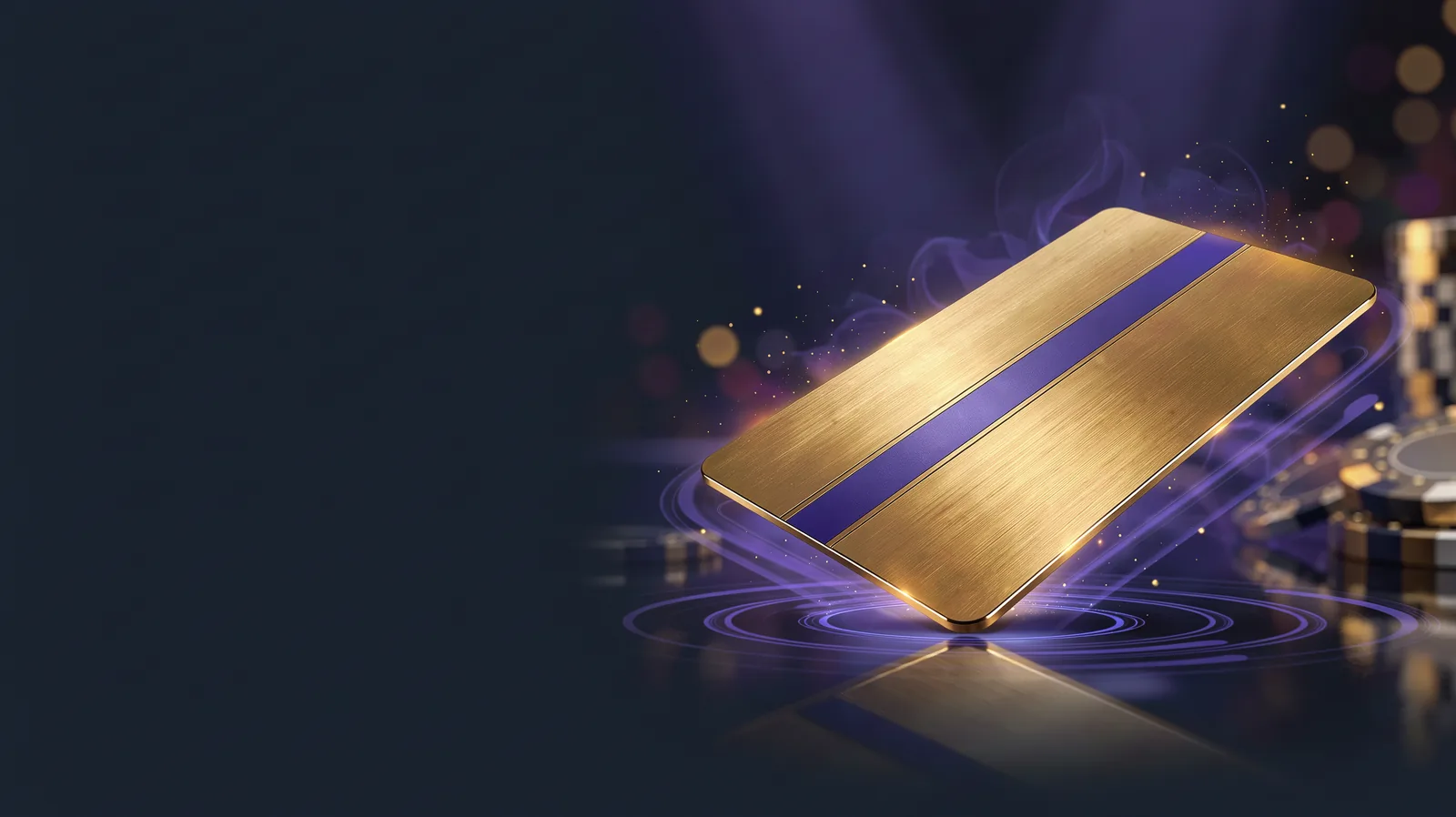 A premium unbranded brushed-gold metal bank card with an indigo stripe floating at an angle above a dark glass surface, contactless light waves rippli