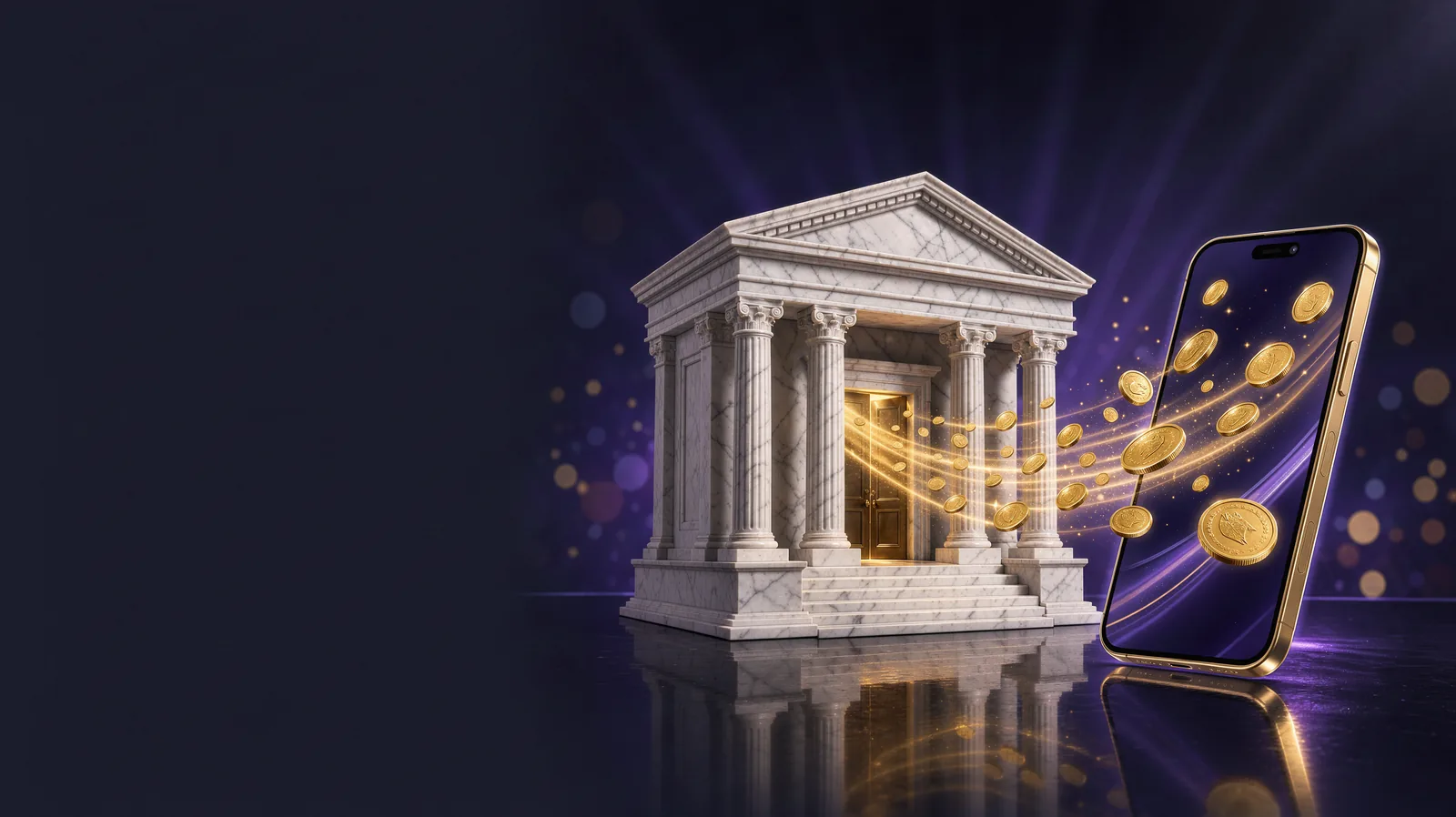 A miniature classical white marble bank building with streaks of golden light rushing from its doors into a hovering smartphone, coins flying along th
