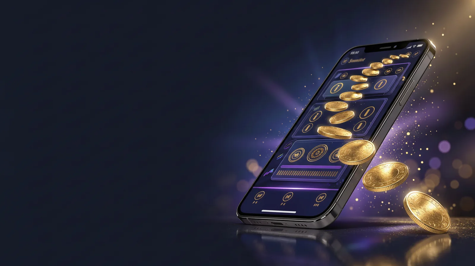 A sleek smartphone showing a glowing digital wallet interface with a stream of gold coins pouring out of the screen into the air