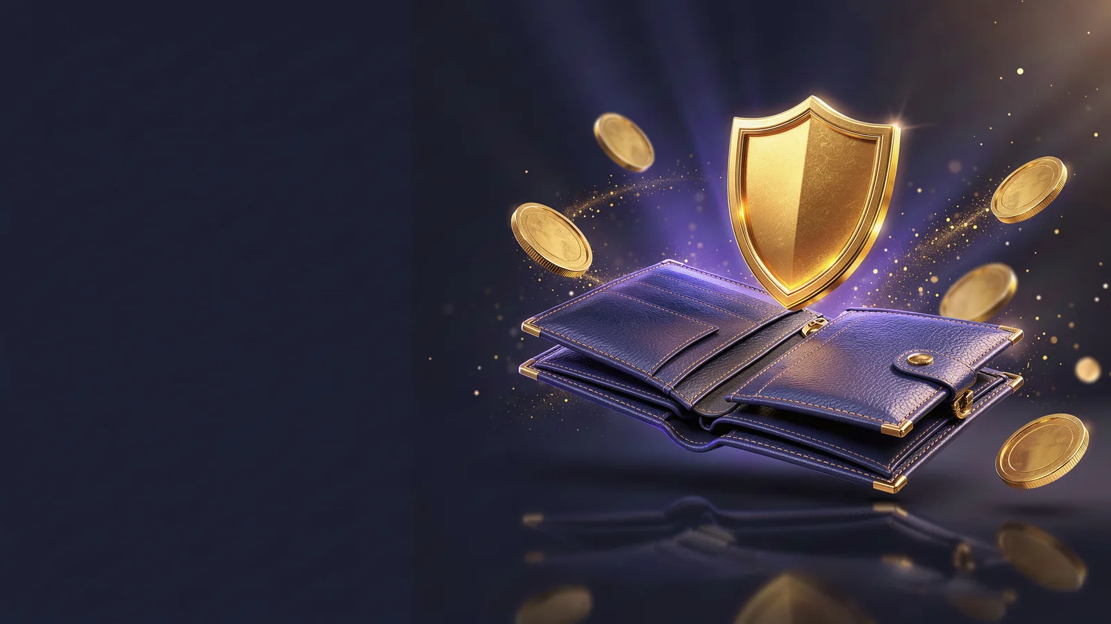 An elegant indigo leather wallet floating open with a glowing gold shield emblem hovering above it and gold coins orbiting around