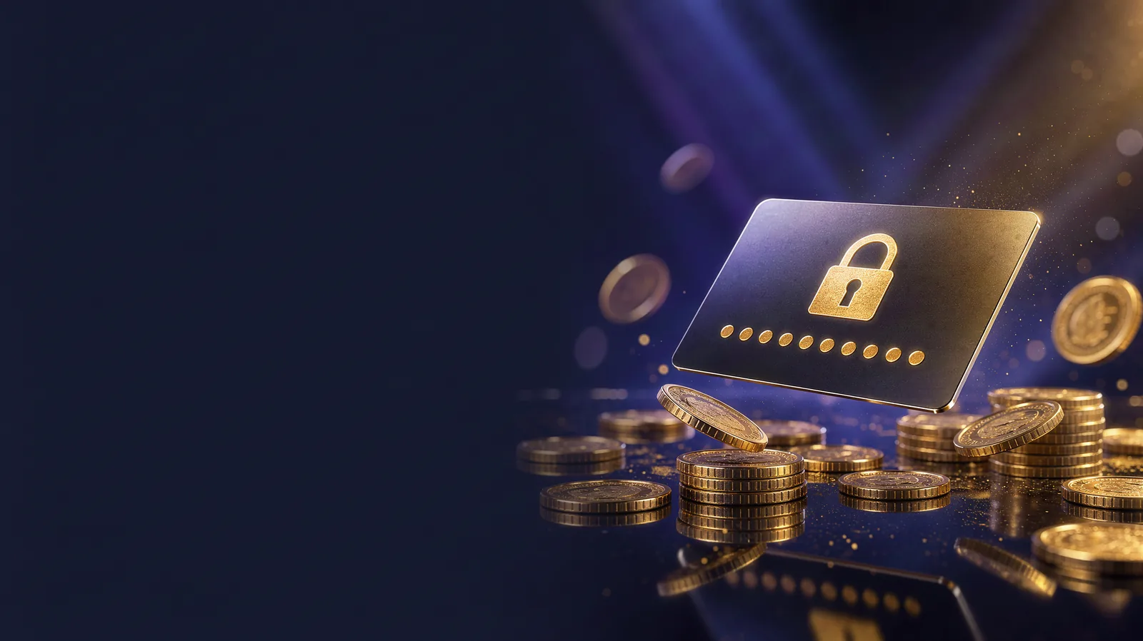 A blank prepaid card with a glowing gold lock emblem and a row of luminous dots, floating above coins and soft light rays