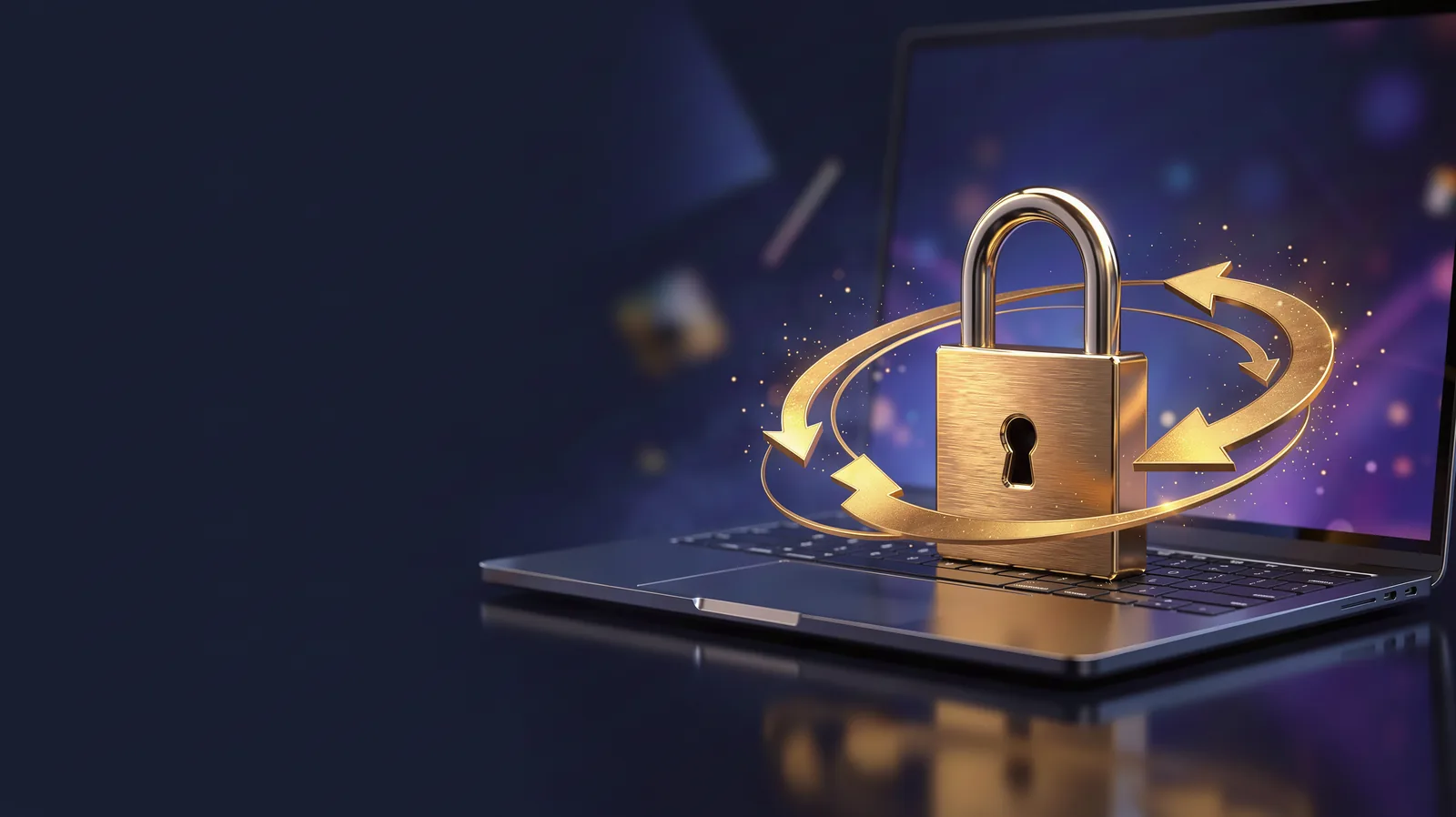 An open laptop with a large glowing gold padlock rising from the keyboard and golden transfer arrows swirling around it
