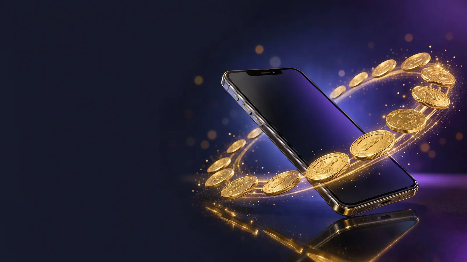 A smartphone tilted at an angle with gold coins flying past it in a fast curved arc with glowing motion trails