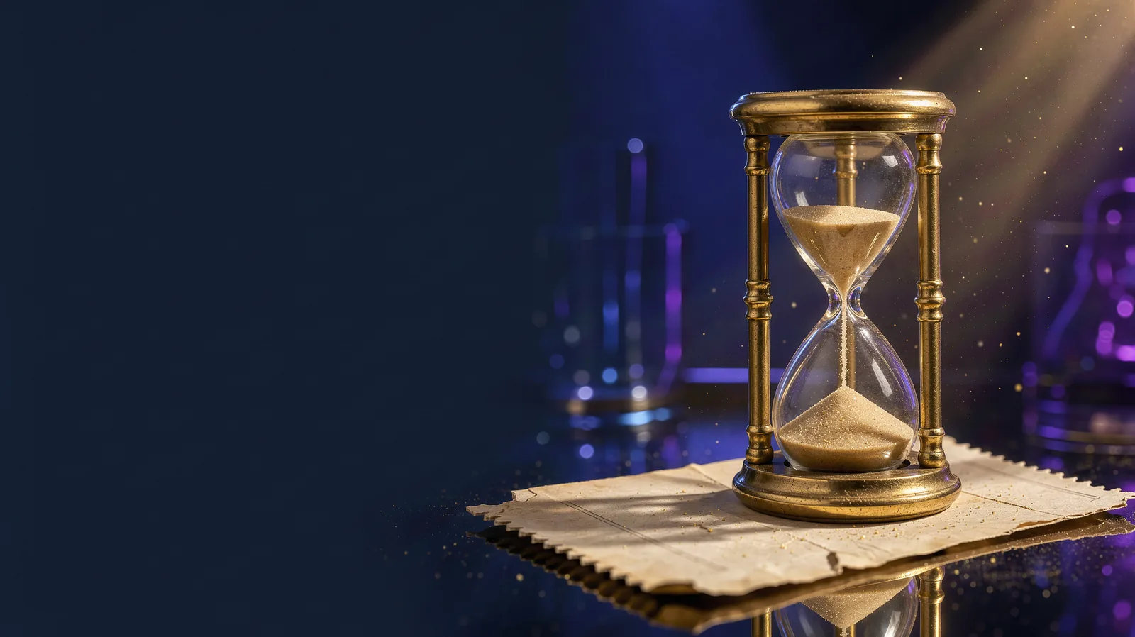 An old faded paper voucher resting under a vintage brass hourglass with sand running, dust particles floating in a single beam of golden light