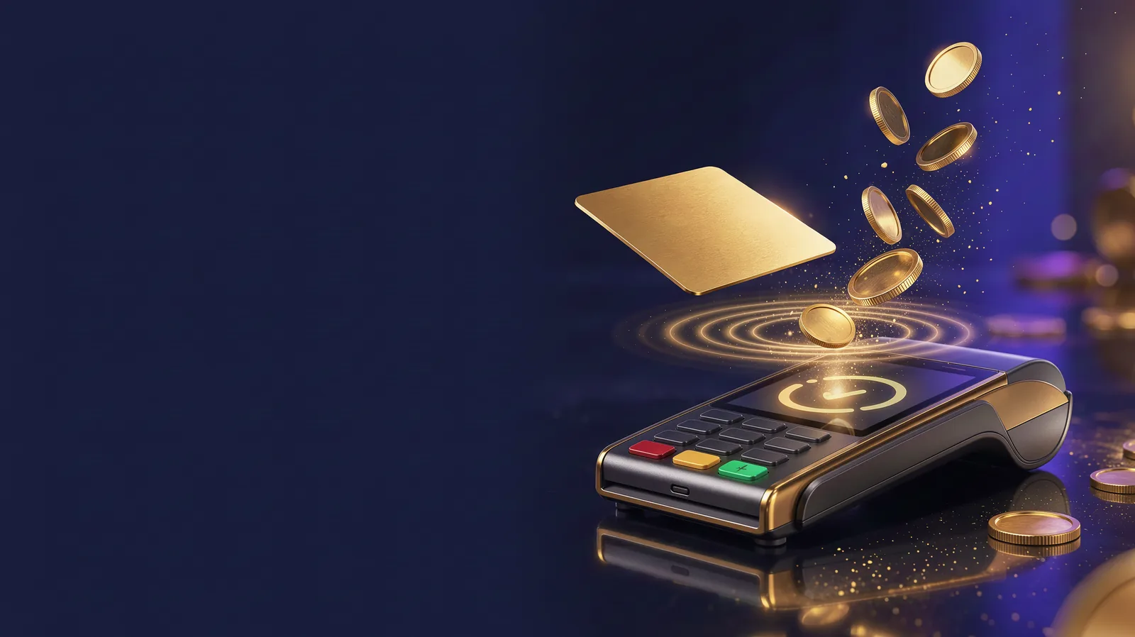 A modern contactless payment terminal with an unbranded gold card hovering above it, a glowing ripple of light and coins bursting upward on approval