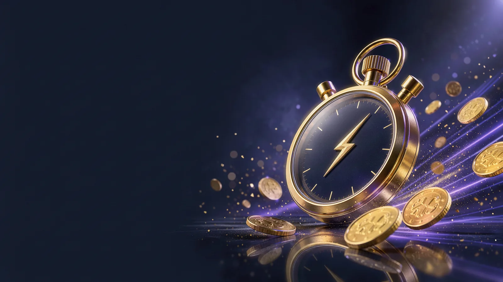 A brushed-gold stopwatch with a glowing lightning bolt, a rush of gold coins and indigo light streaks speeding past it