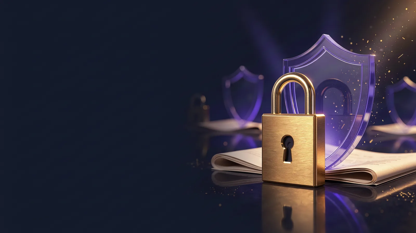 A brushed-gold padlock in front of a translucent indigo shield with soft glowing data particles and a neatly folded document