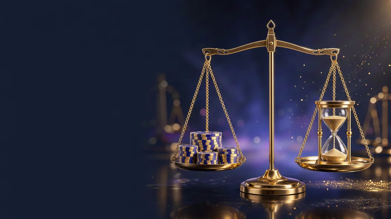 An elegant balanced gold scale with a small stack of casino chips on one side and an hourglass on the other, calm soft golden light, a sense of balanc