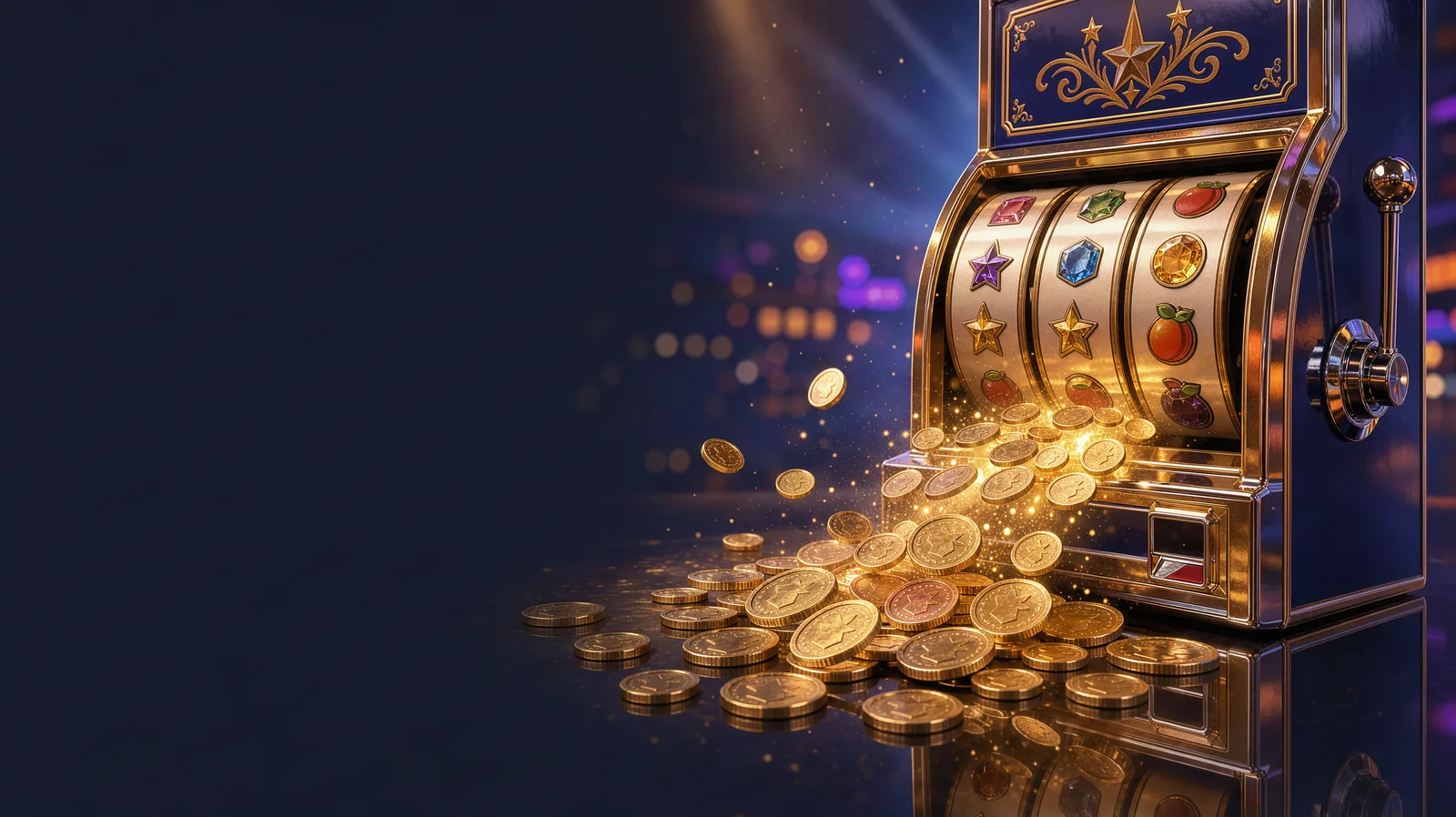 A classic premium slot machine cabinet in gold and indigo with an outback sunset glow reflected in its chrome, coins and light pouring from the reels
