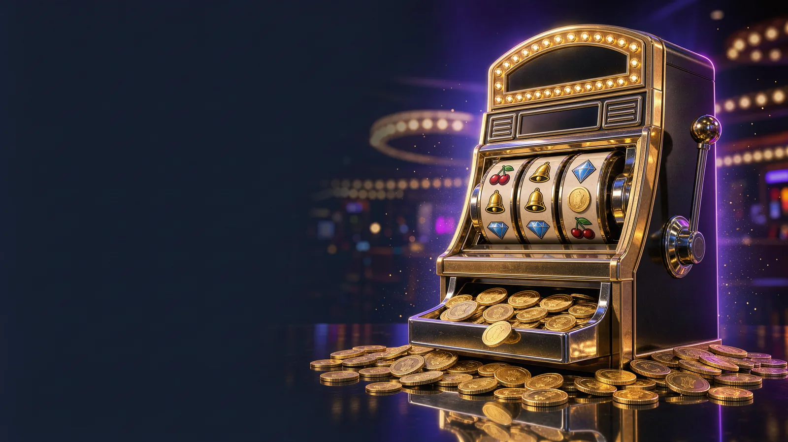 A vintage Las Vegas style slot machine with a chrome lever and glowing marquee lights, coins spilling from the tray onto a glossy floor
