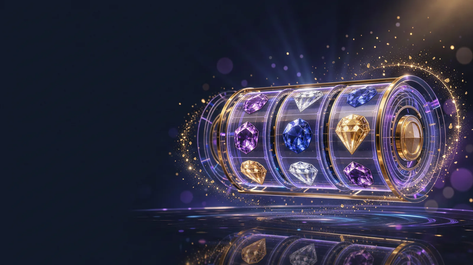 A futuristic holographic slot reel interface floating above a dark glass surface, glowing gem symbols and light particles spinning out of it