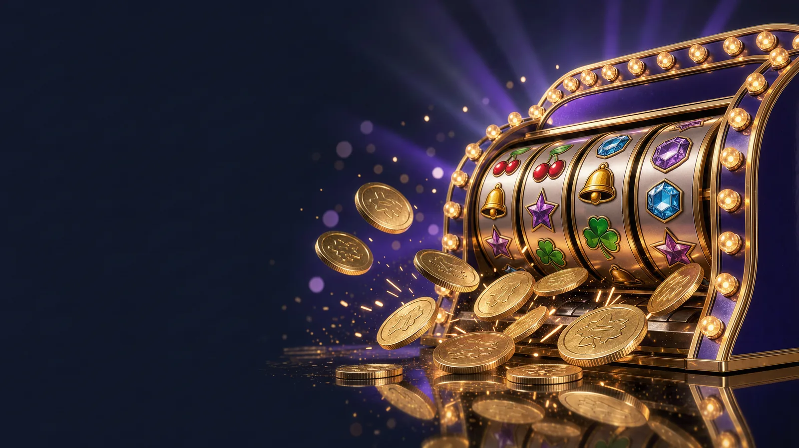 A giant colourful slot reel with retro arcade marquee bulbs glowing around it, coins and sparks bursting outward