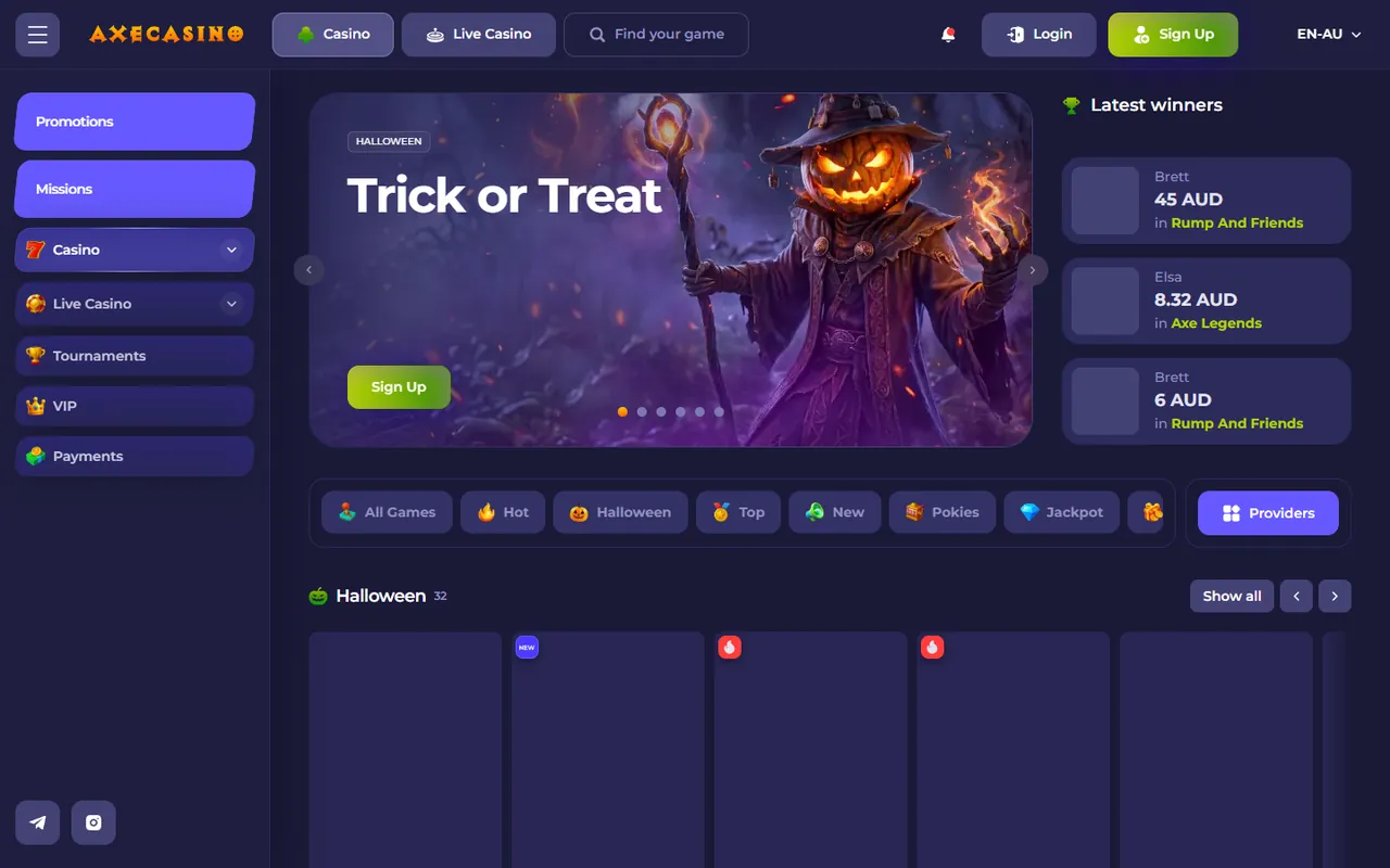 Axe Casino homepage screenshot