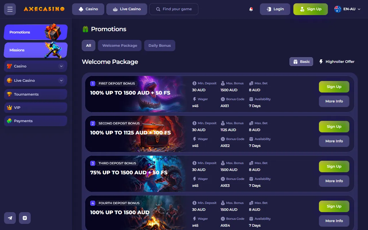 Axe Casino promotions screenshot