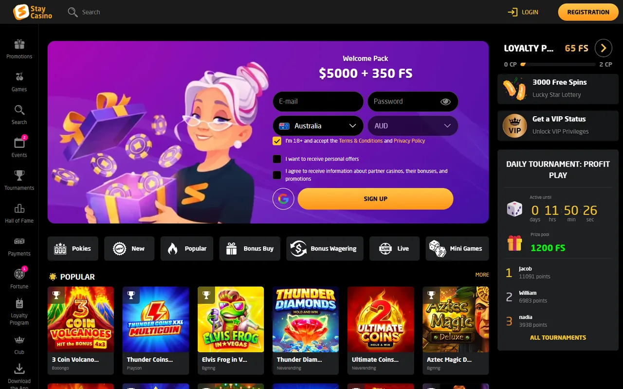 Stay Casino homepage screenshot